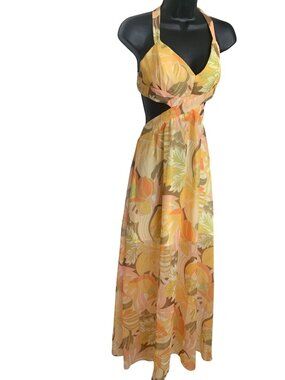 Selfie Leslie Yellow multi Floral Halter Maxi Dress W/ Cutouts & Lace-Up Back Si